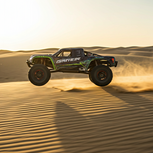 High-speed RC trophy truck catching air over a sand dune